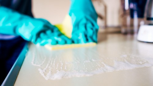 Team member assessing a carpet cleaning job for risks